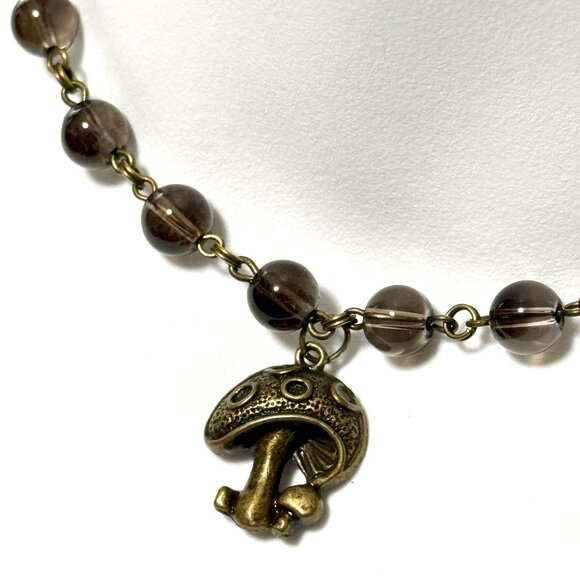 Natural Smoky Quartz Short Necklace, Genuine Gemstone + Bronze Round Mushroom - Picture 1 of 14
